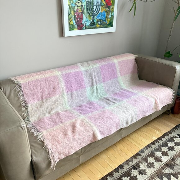 Vintage Mohair Wool Blend Blanket Pastel Plaid Fringe Purple Pink 48 x 64 - Picture 2 of 9